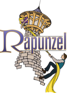 Rapunzel image with woman in tower window with very long blonde hair. Man at bottom of tower holding end of hair to climb up.